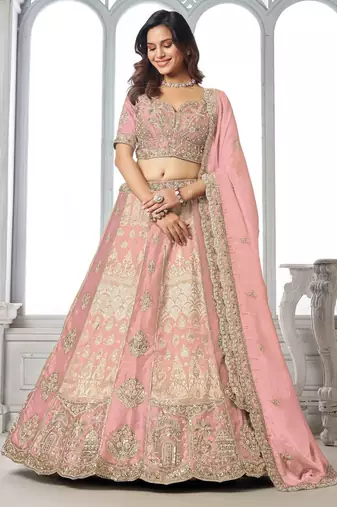 Designer Pink Raw Silk Lehenga with Intricate Embroidered Detailing