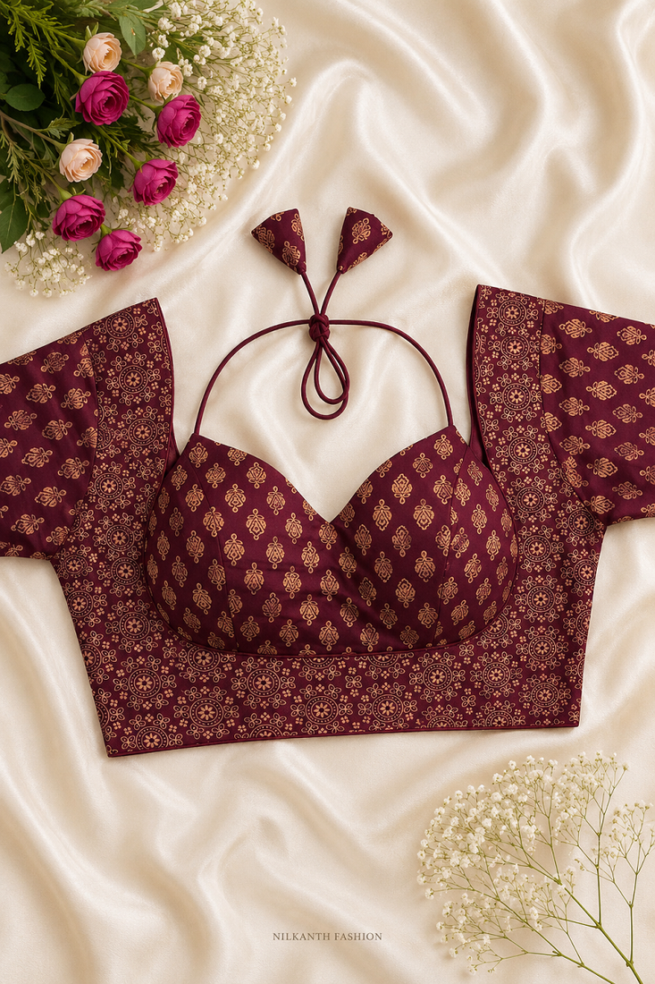 Maroon block print bustier blouse with sweetheart neck & back dori
