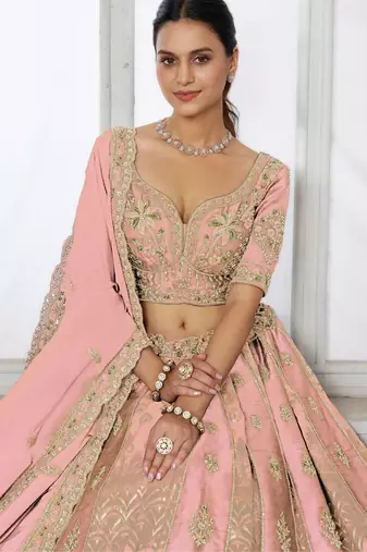 Designer Pink Raw Silk Lehenga with Intricate Embroidered Detailing