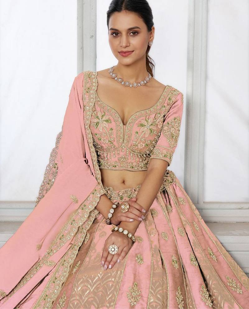 Designer Pink Raw Silk Lehenga with Intricate Embroidered Detailing