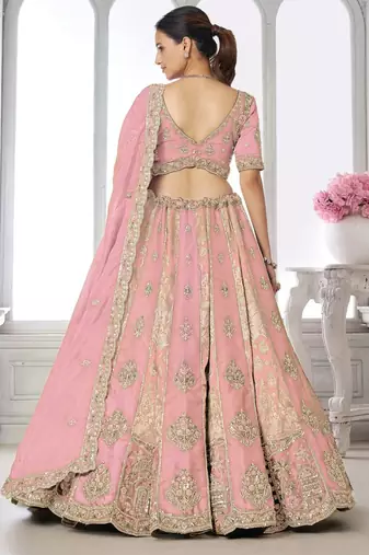 Designer Pink Raw Silk Lehenga with Intricate Embroidered Detailing