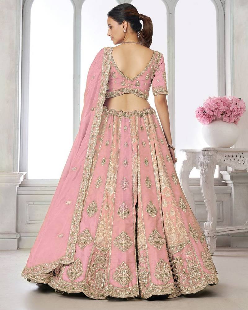 Designer Pink Raw Silk Lehenga with Intricate Embroidered Detailing