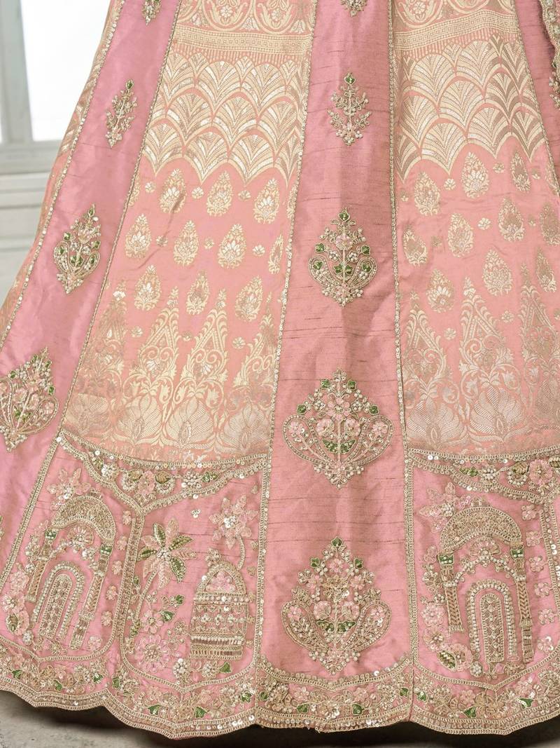 Designer Pink Raw Silk Lehenga with Intricate Embroidered Detailing