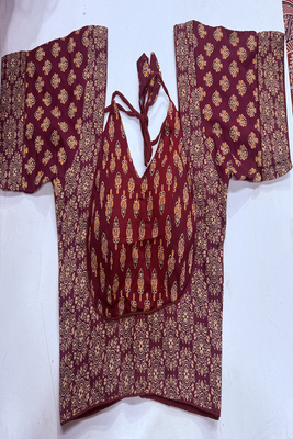 Maroon block print bustier blouse with sweetheart neck & back dori 3