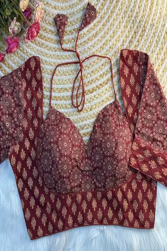 Maroon block print bustier blouse with sweetheart neck & back dori