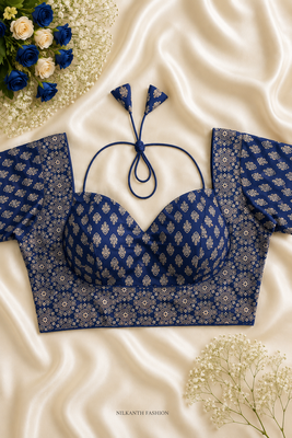 Indigo blue block print bustier blouse with sweetheart neck & back dori 1