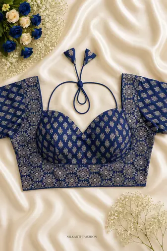 Indigo blue block print bustier blouse with sweetheart neck & back dori