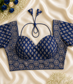 Indigo blue block print bustier blouse with sweetheart neck & back dori