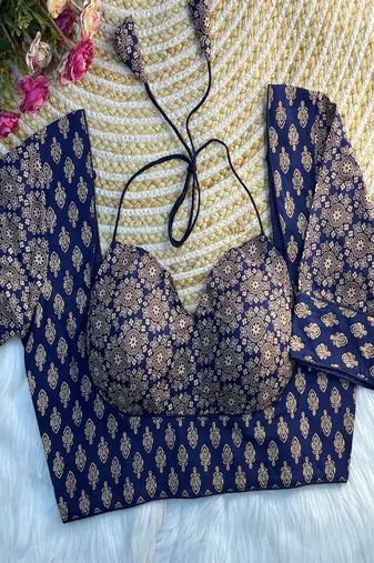 Indigo blue block print bustier blouse with sweetheart neck & back dori