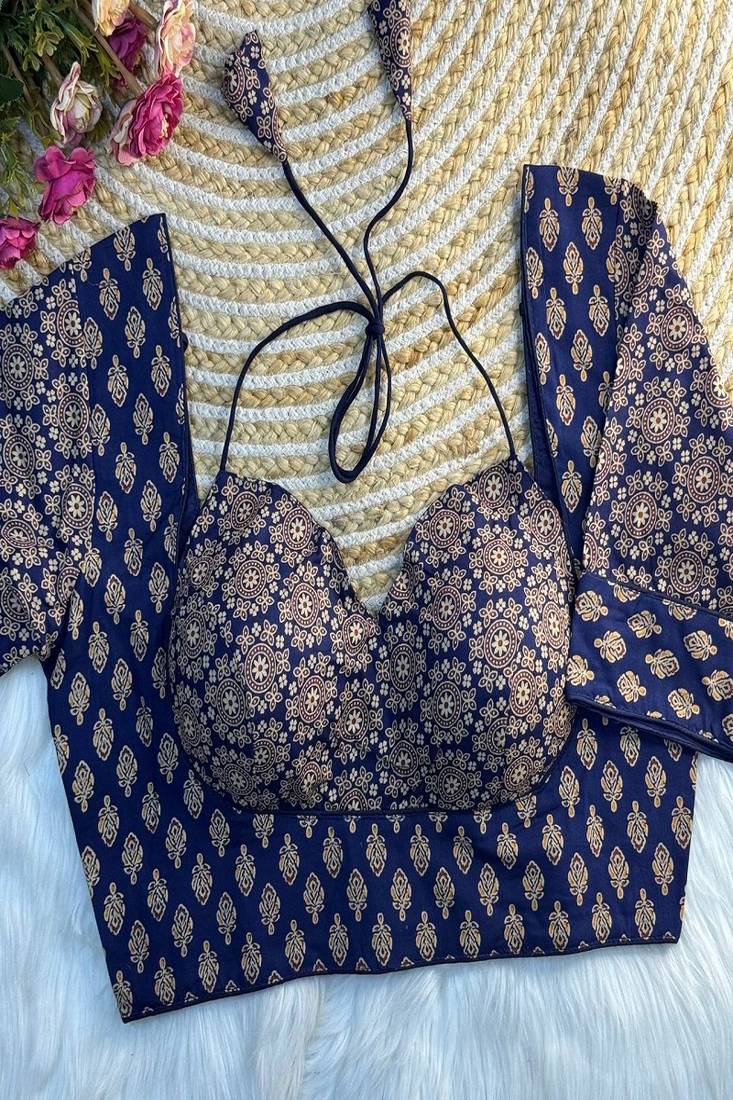 Indigo blue block print bustier blouse with sweetheart neck & back dori