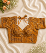 Mustard ochre block print bustier blouse with sweetheart neck & back tie