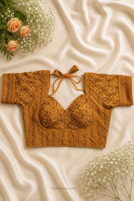 Mustard ochre block print bustier blouse with sweetheart neck & back tie 2