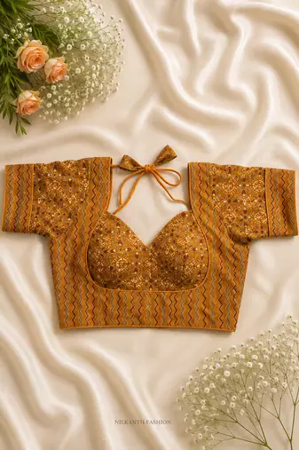 Mustard ochre block print bustier blouse with sweetheart neck & back tie