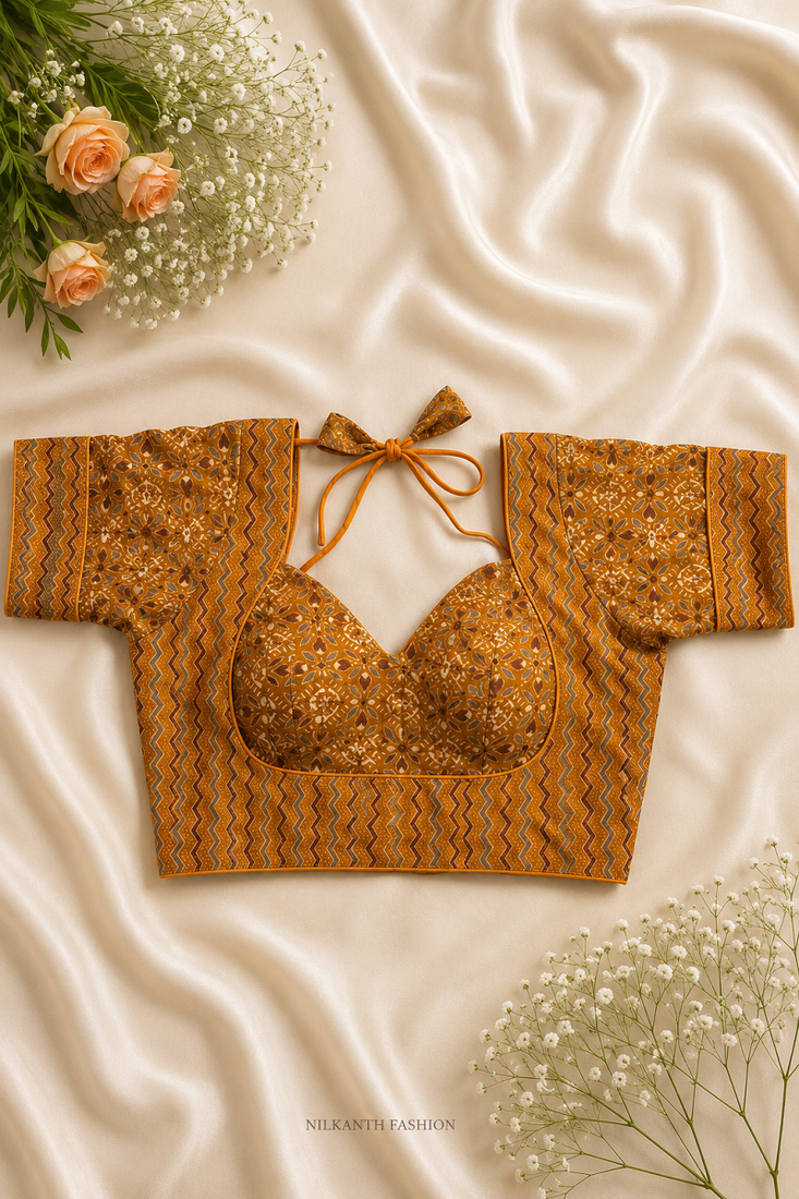 Mustard ochre block print bustier blouse with sweetheart neck & back tie