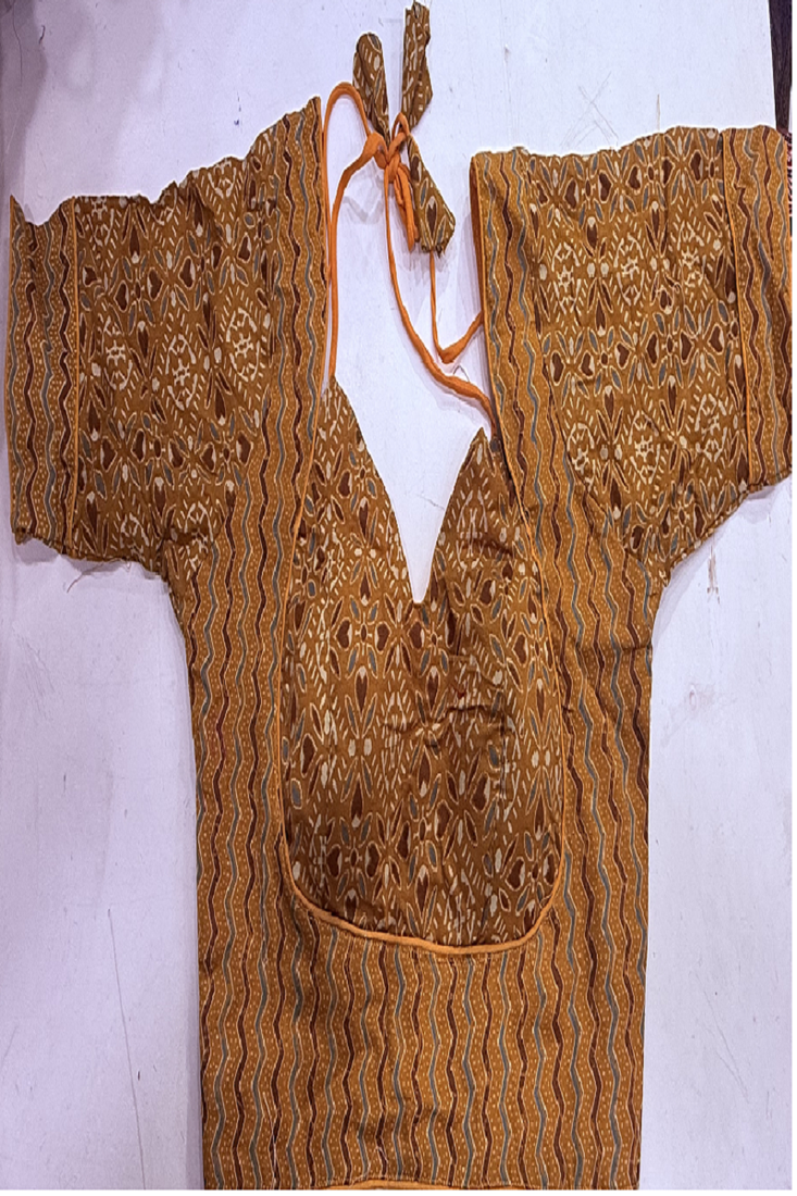 Mustard ochre block print bustier blouse with sweetheart neck & back tie
