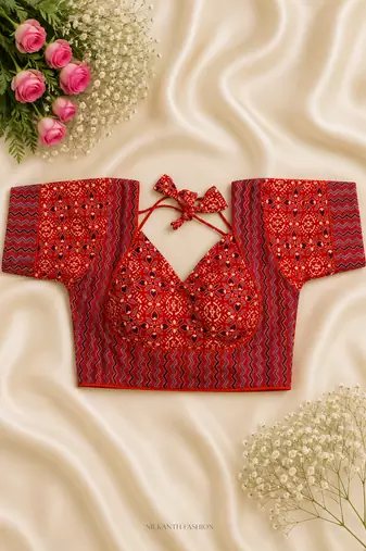Red & purple block print bustier blouse with sweetheart neck & back tie