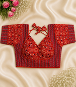 Red & purple block print bustier blouse with sweetheart neck & back tie