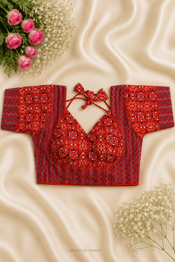 Red & purple block print bustier blouse with sweetheart neck & back tie