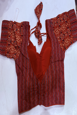 Red & purple block print bustier blouse with sweetheart neck & back tie 3