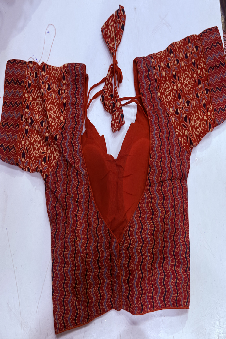 Red & purple block print bustier blouse with sweetheart neck & back tie