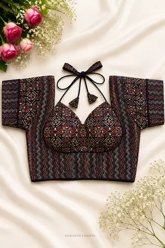 Ajrakh print sweetheart neck halter blouse with sleeves