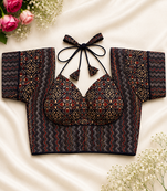 Ajrakh print sweetheart neck halter blouse with sleeves