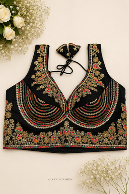 Black heavy embroidery sweetheart neck sleeveless blouse 1
