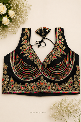 Black heavy embroidery sweetheart neck sleeveless blouse