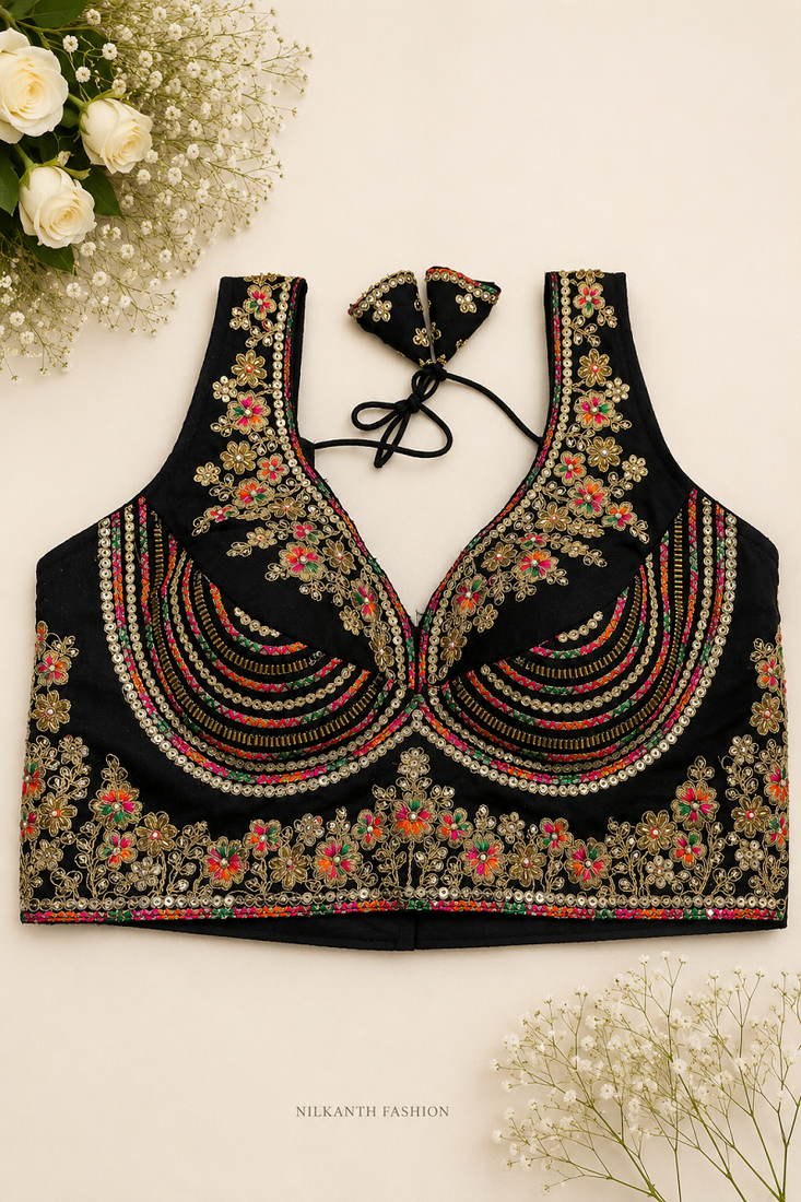 Black heavy embroidery sweetheart neck sleeveless blouse