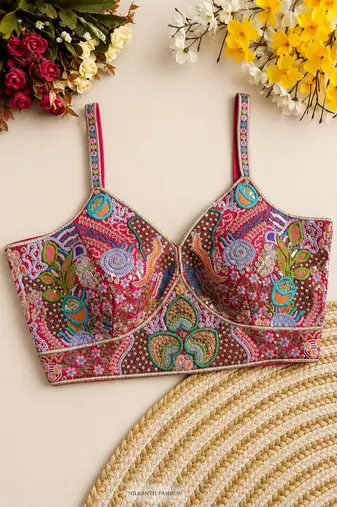 Multicolor heavy embroidered designer sweetheart neck readymade blouse