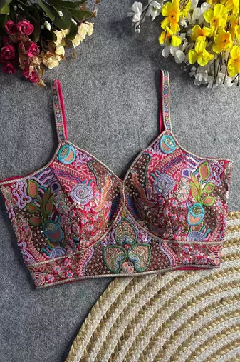 Multicolor heavy embroidered designer sweetheart neck readymade blouse
