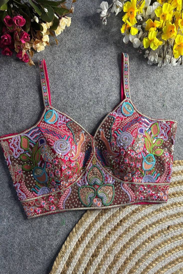 Multicolor heavy embroidered designer sweetheart neck readymade blouse