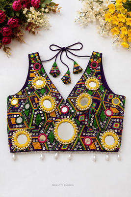 Purple kutchi mirror work designer readymade blouse for women | navratri garba choli with pearl & tassel detailing 1