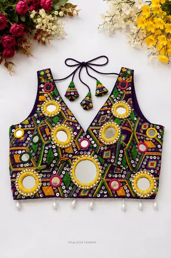 Purple kutchi mirror work designer readymade blouse for women | navratri garba choli with pearl & tassel detailing