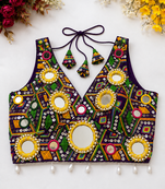 Purple kutchi mirror work designer readymade blouse for women | navratri garba choli with pearl & tassel detailing