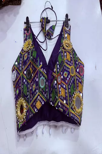 Purple kutchi mirror work designer readymade blouse for women | navratri garba choli with pearl & tassel detailing