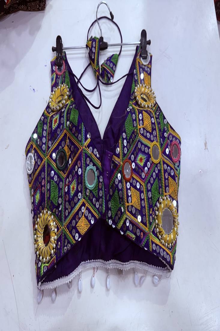 Purple kutchi mirror work designer readymade blouse for women | navratri garba choli with pearl & tassel detailing