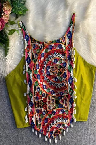 Title: green kutchi mirror work designer readymade blouse for women | navratri garba choli with shell lace handwork