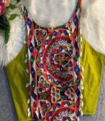 Title: green kutchi mirror work designer readymade blouse for women | navratri garba choli with shell lace handwork