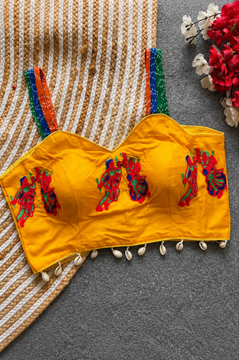 Yellow navratri designer readymade blouse for women | kutchi embroidered garba choli with shell lace work