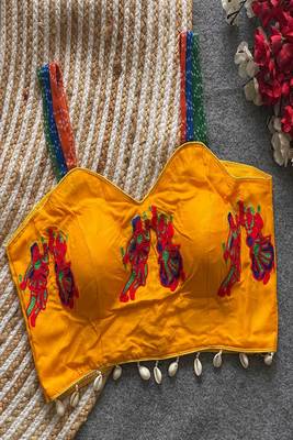 Yellow navratri designer readymade blouse for women | kutchi embroidered garba choli with shell lace work 2