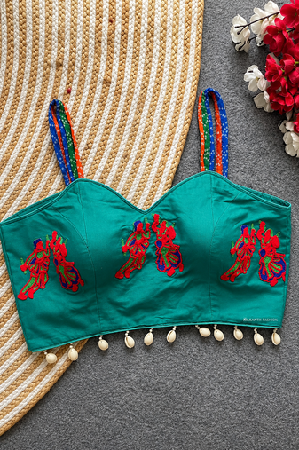 Teal green navratri designer readymade blouse for women | embroidered garba choli with shell lace detailing