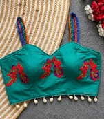 Teal green navratri designer readymade blouse for women | embroidered garba choli with shell lace detailing