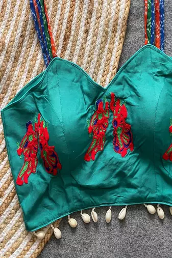 Teal green navratri designer readymade blouse for women | embroidered garba choli with shell lace detailing