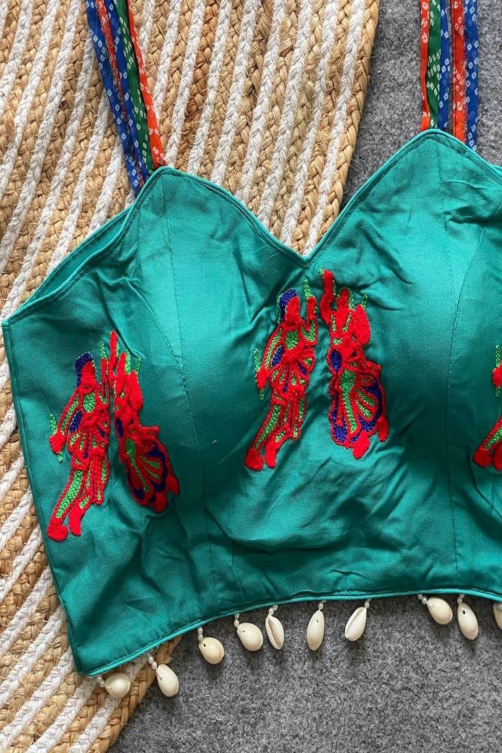 Teal green navratri designer readymade blouse for women | embroidered garba choli with shell lace detailing