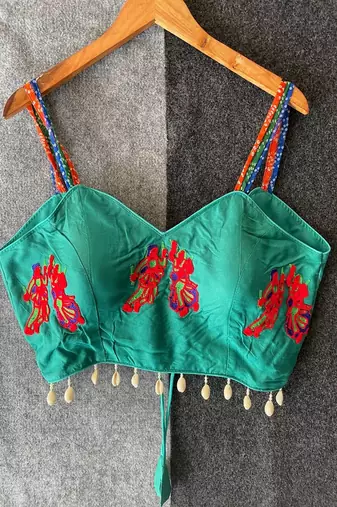 Teal green navratri designer readymade blouse for women | embroidered garba choli with shell lace detailing