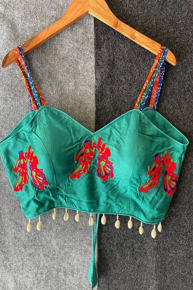 Teal green navratri designer readymade blouse for women | embroidered garba choli with shell lace detailing