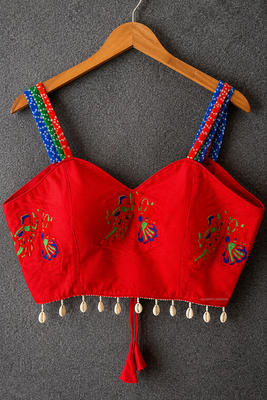 Red navratri designer readymade blouse for women | embroidered garba choli with shell tassel work 1