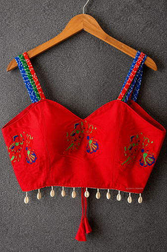 Red navratri designer readymade blouse for women | embroidered garba choli with shell tassel work