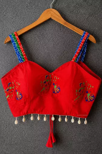 Red navratri designer readymade blouse for women | embroidered garba choli with shell tassel work
